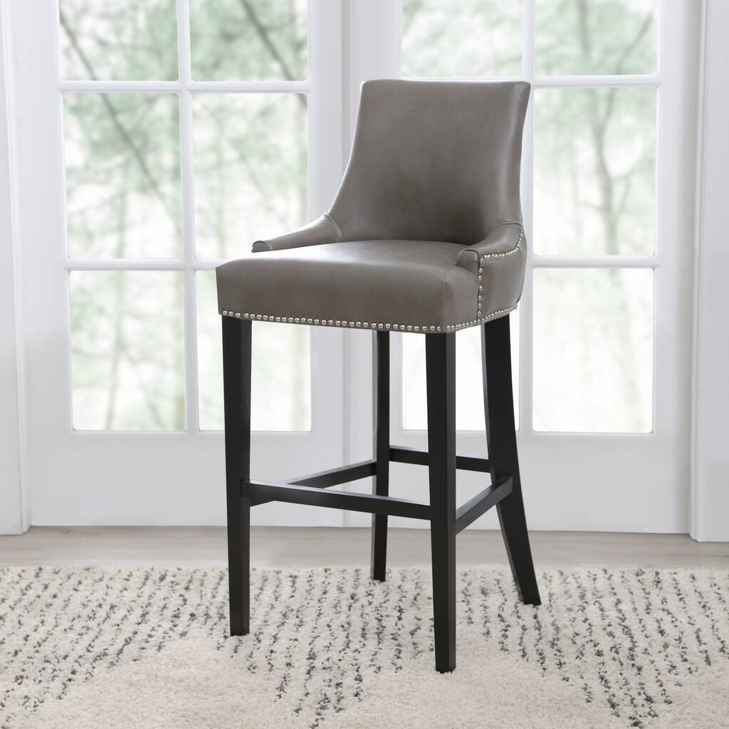 Abbyson Newport Grey Leather Nailhead Trim Bar Stool