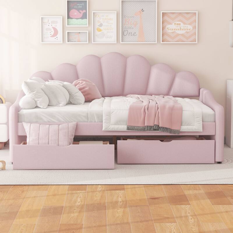Full Size Shell-Shaped Backrest Upholstered Daybed with Optional Trundle or Drawers