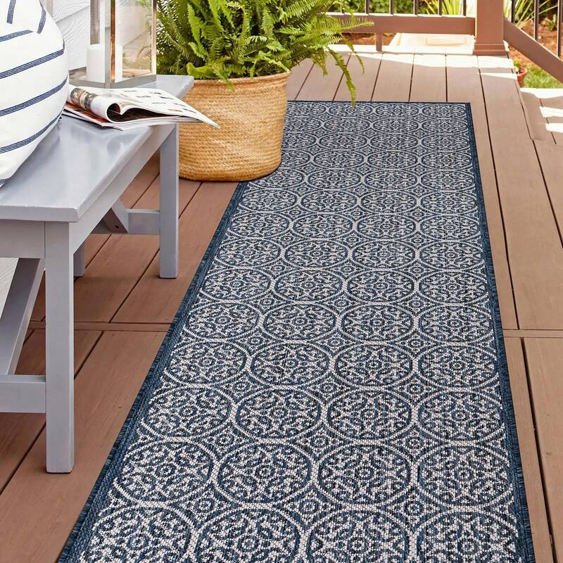 World Rug Gallery Transitional Floral Circles Textured Flat Weave Indoor/Outdoor Area Rug - 2'x7' Runner - Navy