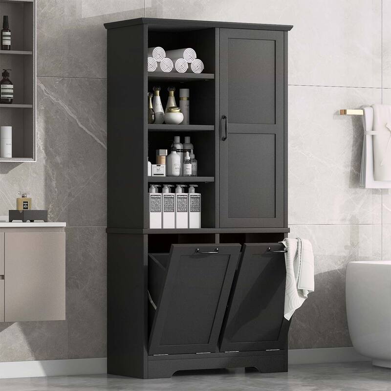 Bathroom Storage Cabinet with Doors, Drawers, Tilt-Out Laundry Hamper, and Adjustable Shelves, Oak Finish - Black