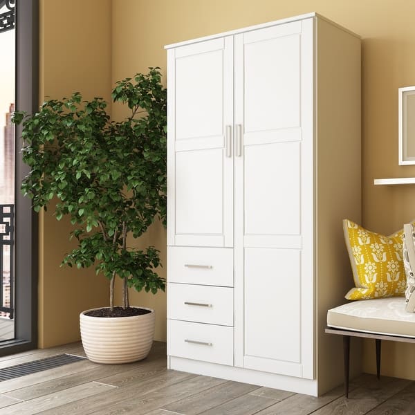 slide 2 of 10, Palace Imports Metro 100% Solid Wood 2-Door Wardrobe Armoire with 3 Drawers White-Raised Panel