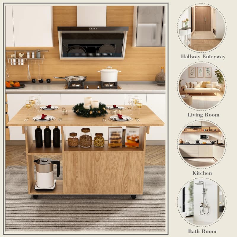 Roomfitters Folding Dining Table with Wheels, Space Saving Drop Leaf Desk with Storage Shelves