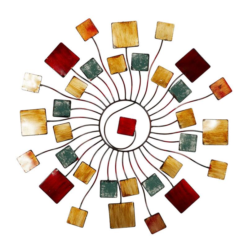 Multi Colored Metal Wire Sunburst Home Wall Decor with Square Shaped Accents