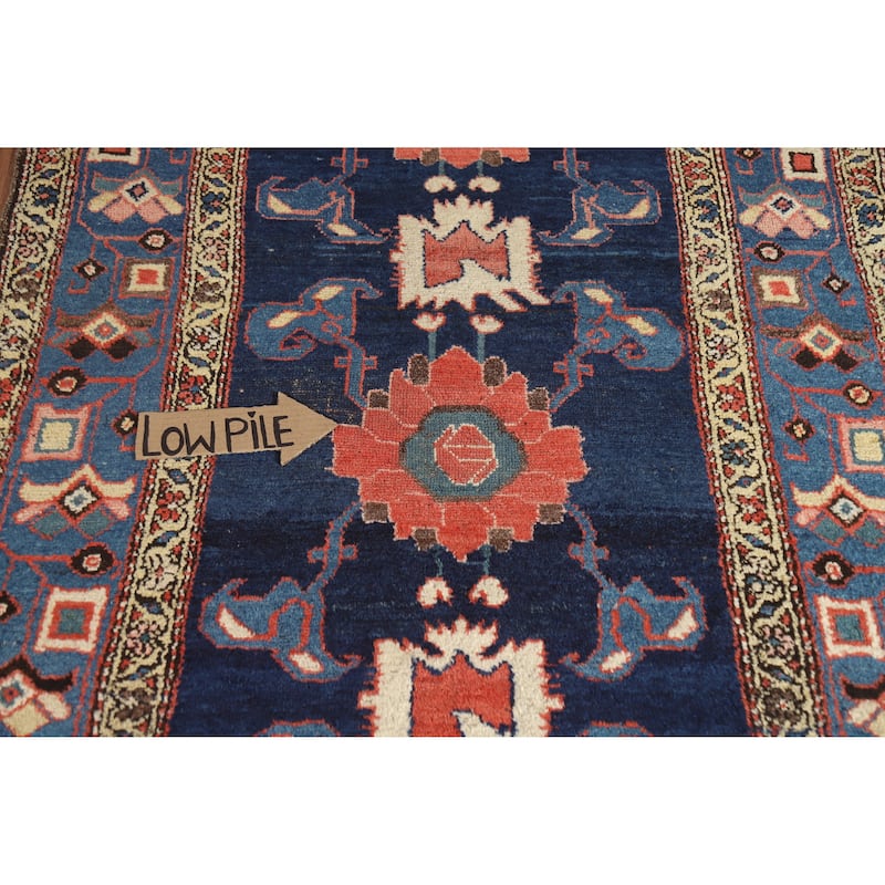 Hand Knotted Oriental 100% Wool Carpet Traditional Floral Navy Blue & Blues Heriz Runner Rug - 14' 9'' X 3' 9''