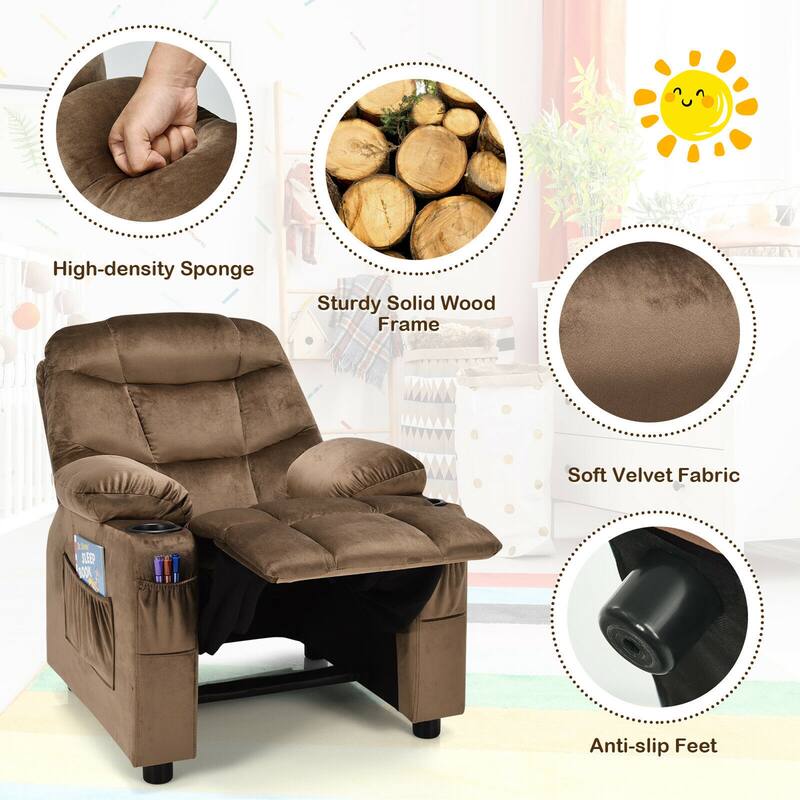 Gymax Kids Youth Recliner Chair Velvet Fabric w/Cup Holder & Side