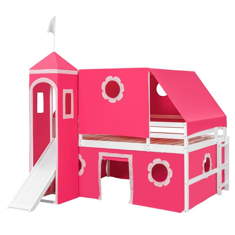 Full Size Loft Bed with Slide, Pink Tent, and Play Tower - Pink