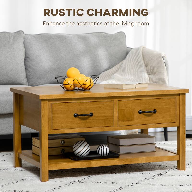 HOMCOM Rustic Coffee Table, Wood Cocktail Table with Drawers and Open Shelf for Living Room, Natural