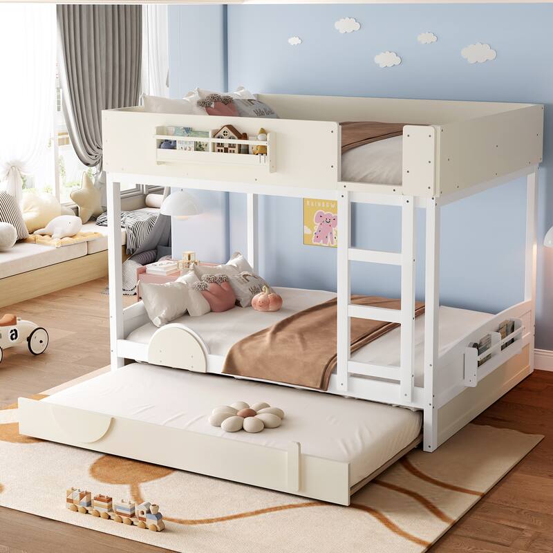 Kids Bed Wooden Bunk Bed with Trundle and Built-in Storage Bookshelves