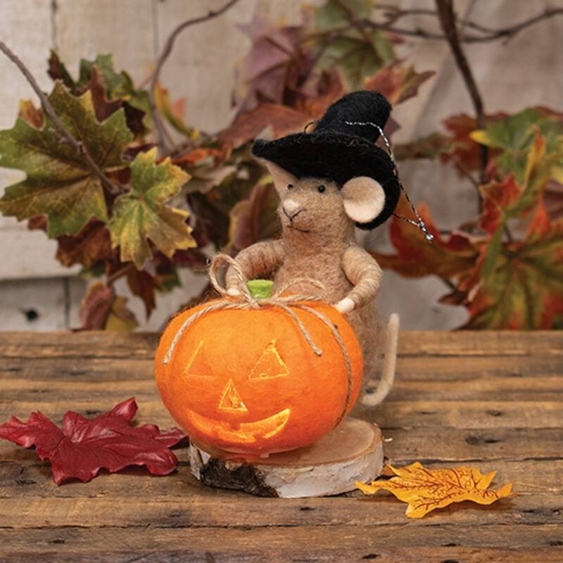 Halloween Mouse Felted Ornament with LED Jack O Lantern - 6" H x 6" W x 3.5" D