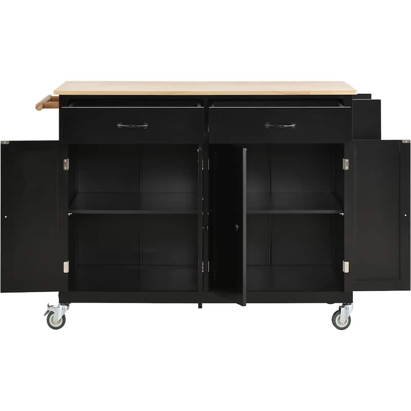 Black Solid Wood Kitchen Island with Locking Wheels, Rolling Kitchen Cart, Closed Storage Kitchen Cabinet with Rack