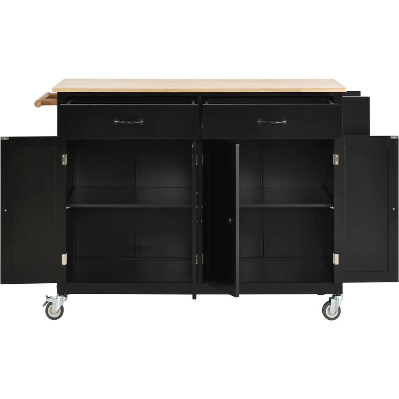 Kitchen Island Cart on Wheels with Solid Wood Top, Moveable Island Table with Adjustable Shelves, 4-Door Cabinet & 2 Drawers