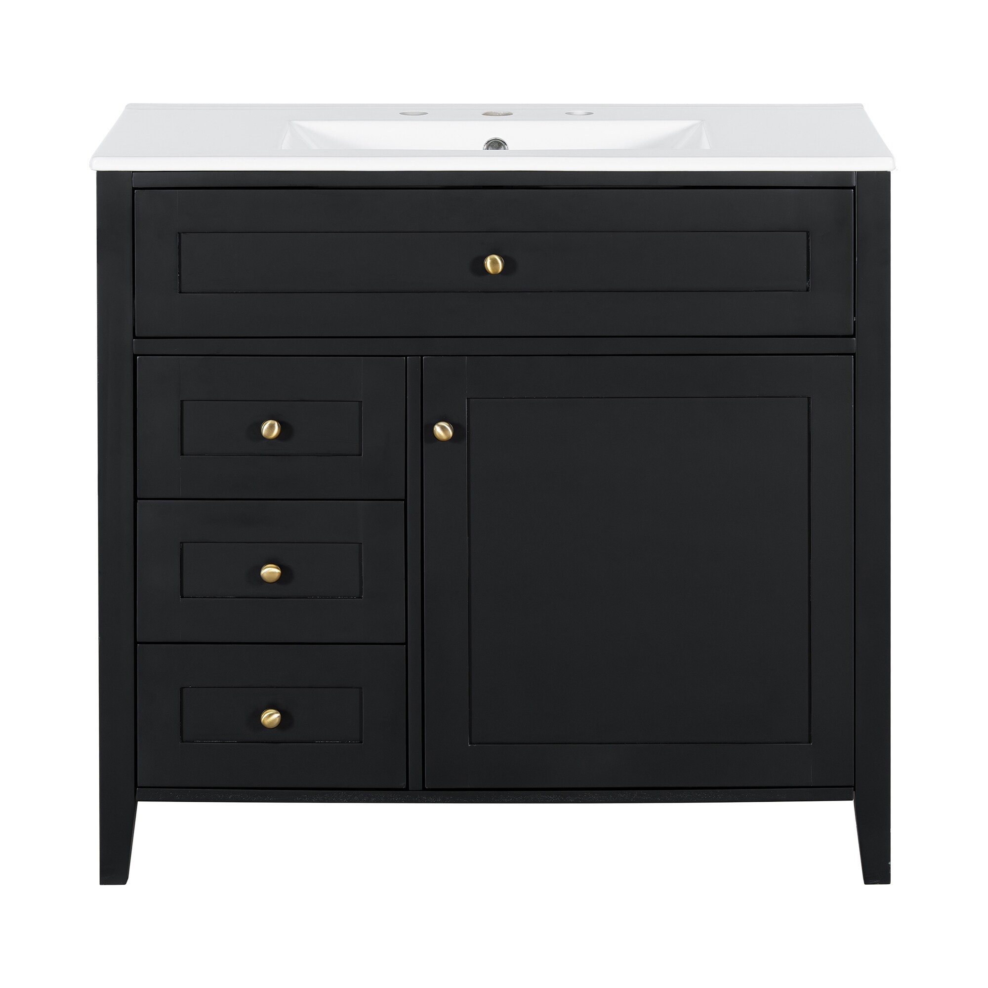 36-Inch Bathroom Vanity with Sink, Modern MDF and Rubberwood Cabinet with 3 Drawers and Adjustable Shelf, Freestanding Vanity