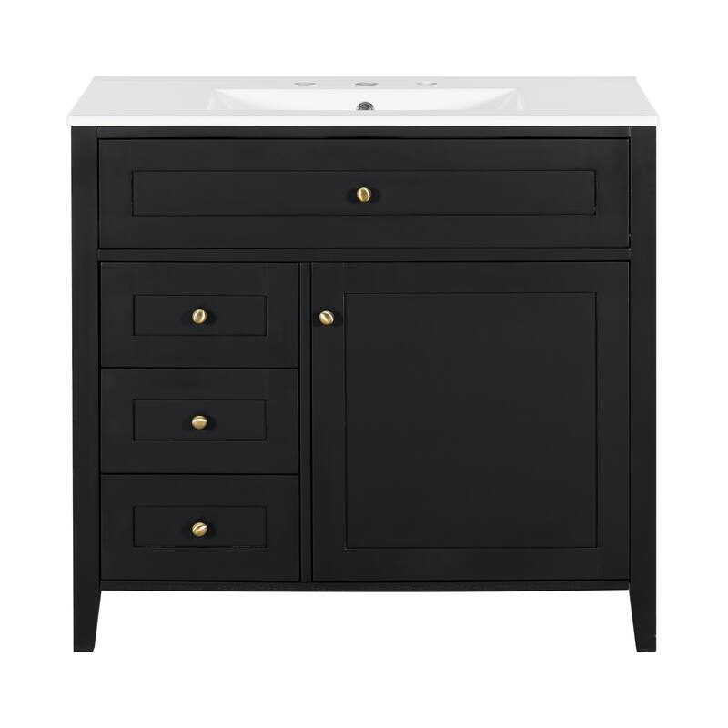 36-Inch Bathroom Vanity with Sink, Modern MDF and Rubberwood Cabinet with 3 Drawers and Adjustable Shelf, Freestanding Vanity