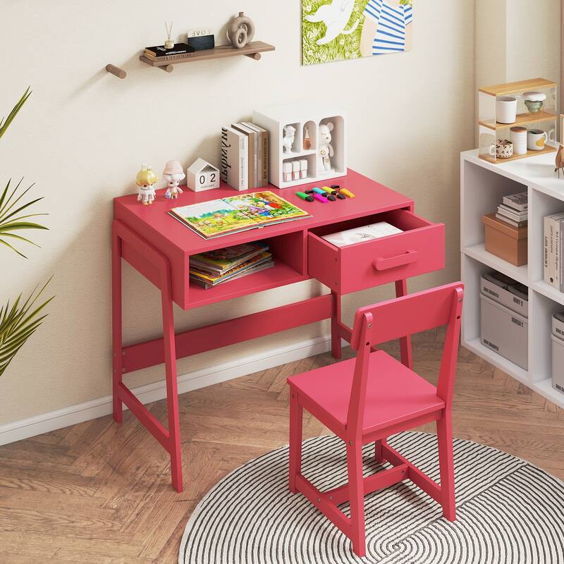Kids Study Table and Chair Set with Storage Drawer and Hutch and Pine Wood Frame for 3 Over Years Old - 33.5" x 19" x 27.5" - Pink