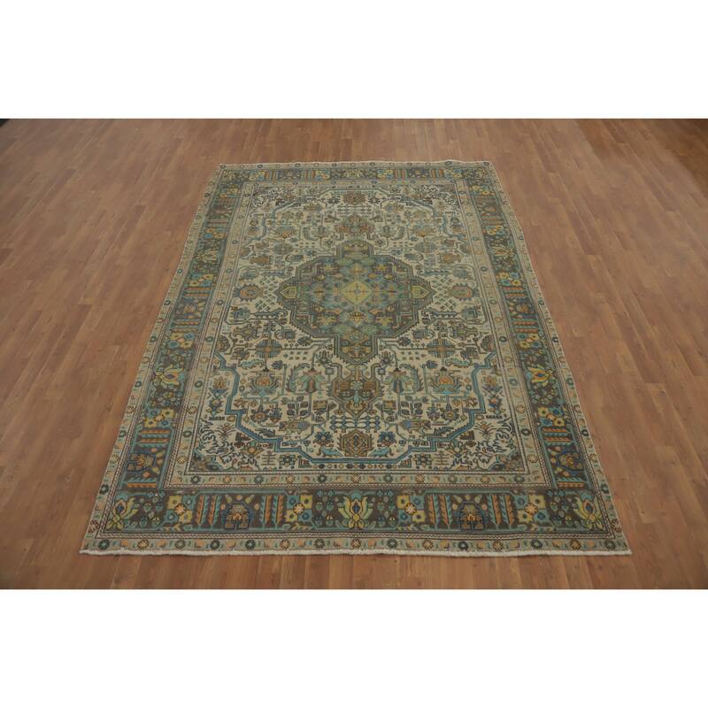 Hand Knotted Oriental 100% Wool Carpet Traditional Floral Beige & Ivories Tabriz Area Rug - 9' 6'' X 6' 8''