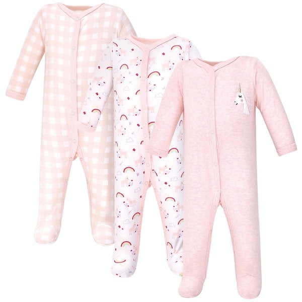 slide 1 of 1, Luvable Friends Baby Girl Cotton Snap Sleep and Play 3pk, Unicorn 0-3 Months - Unicorn