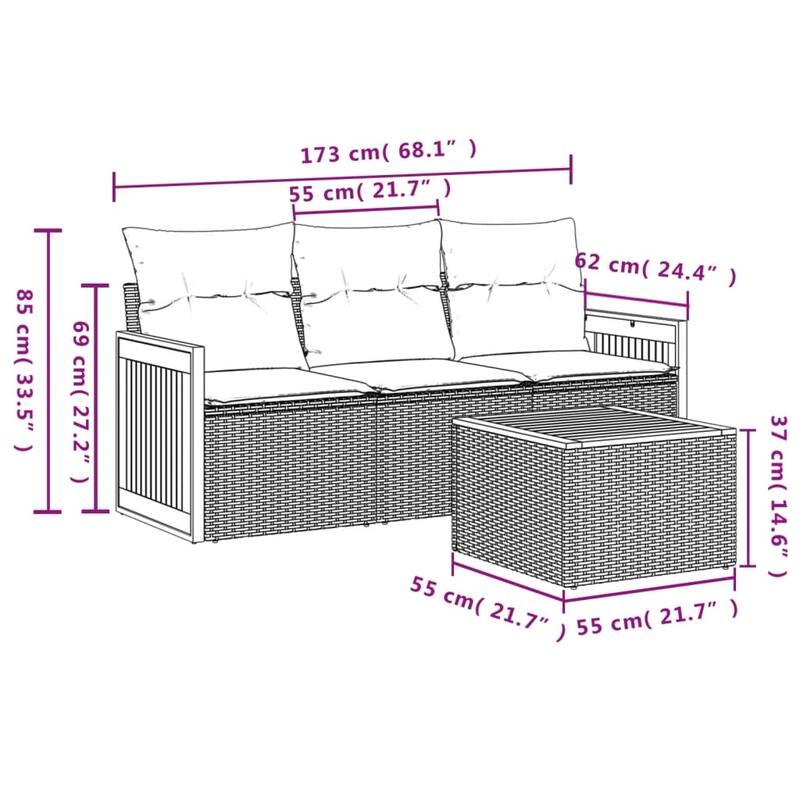 vidaXL 4 Piece Patio Sofa Set with Cushions Gray Poly Rattan - 68.1x27.2x48.8