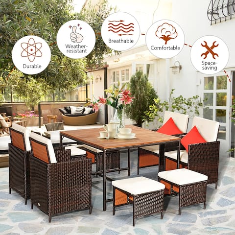 Costway 9PCS Patio Rattan Dining Set Cushioned Chairs Ottoman Wood