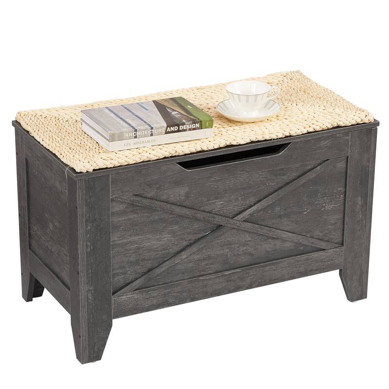 2 Pieces Storage Wooden Ottoman, Flip Top Ottoman Bench Set with Hand Weave Poufs Padded, Bed End Stool Set, Foot Rest Set