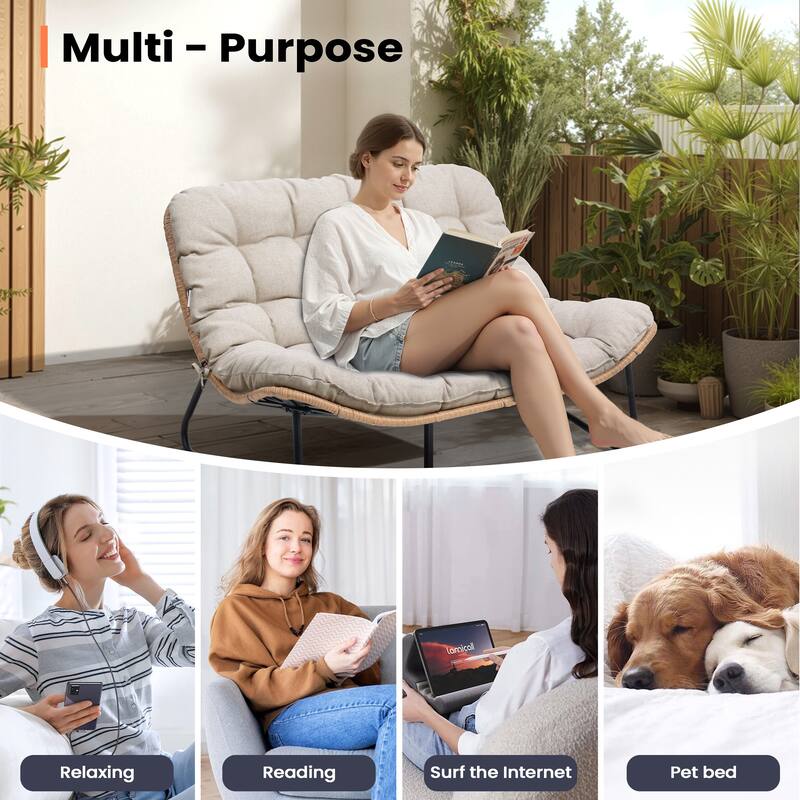 Double Papasan PE Rattan Chair Loveseat with Cushion For Indoor Outdoor