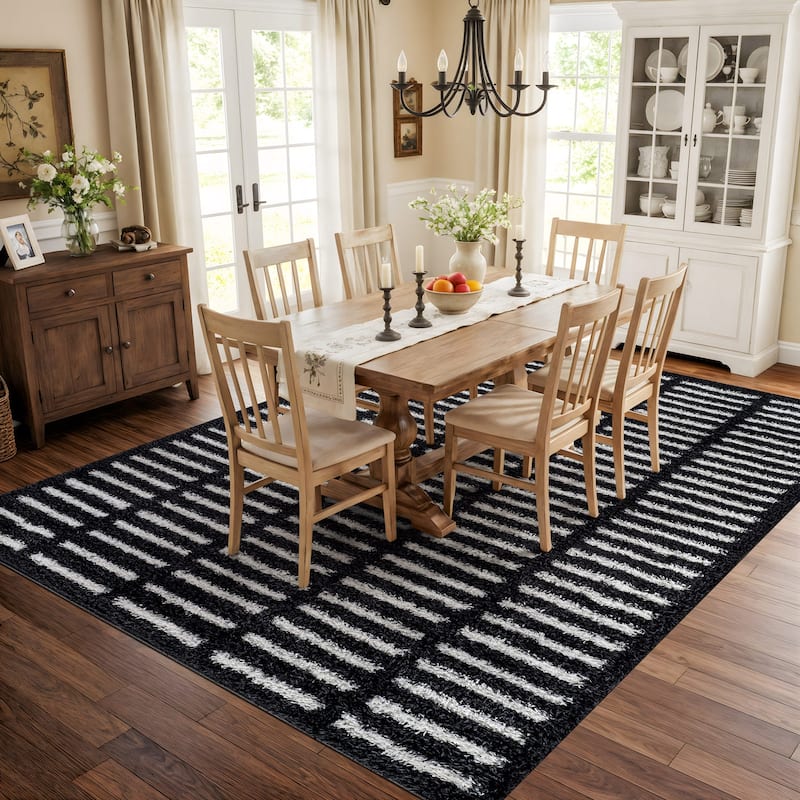 Bohemian Stripe Lines Shag Rug - Textured Surface - Anthracite Dark Gray - Easy to Clean