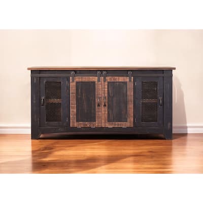 HomeRoots 60" Black Solid Wood Cabinet Enclosed Storage Distressed TV Stand - 59.75' X '34.75' X '19