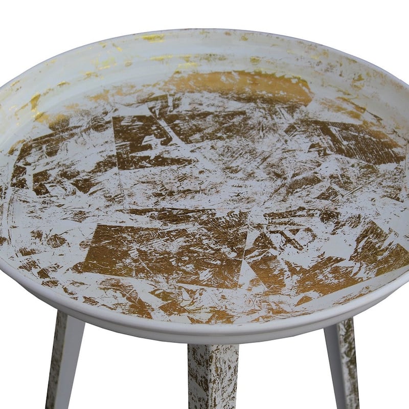 20 Inch Artisanal Industrial Round Tray Top Iron Side End Table, Tripod Base, Distressed White, Gold - 20 H x 16 W x 16 L