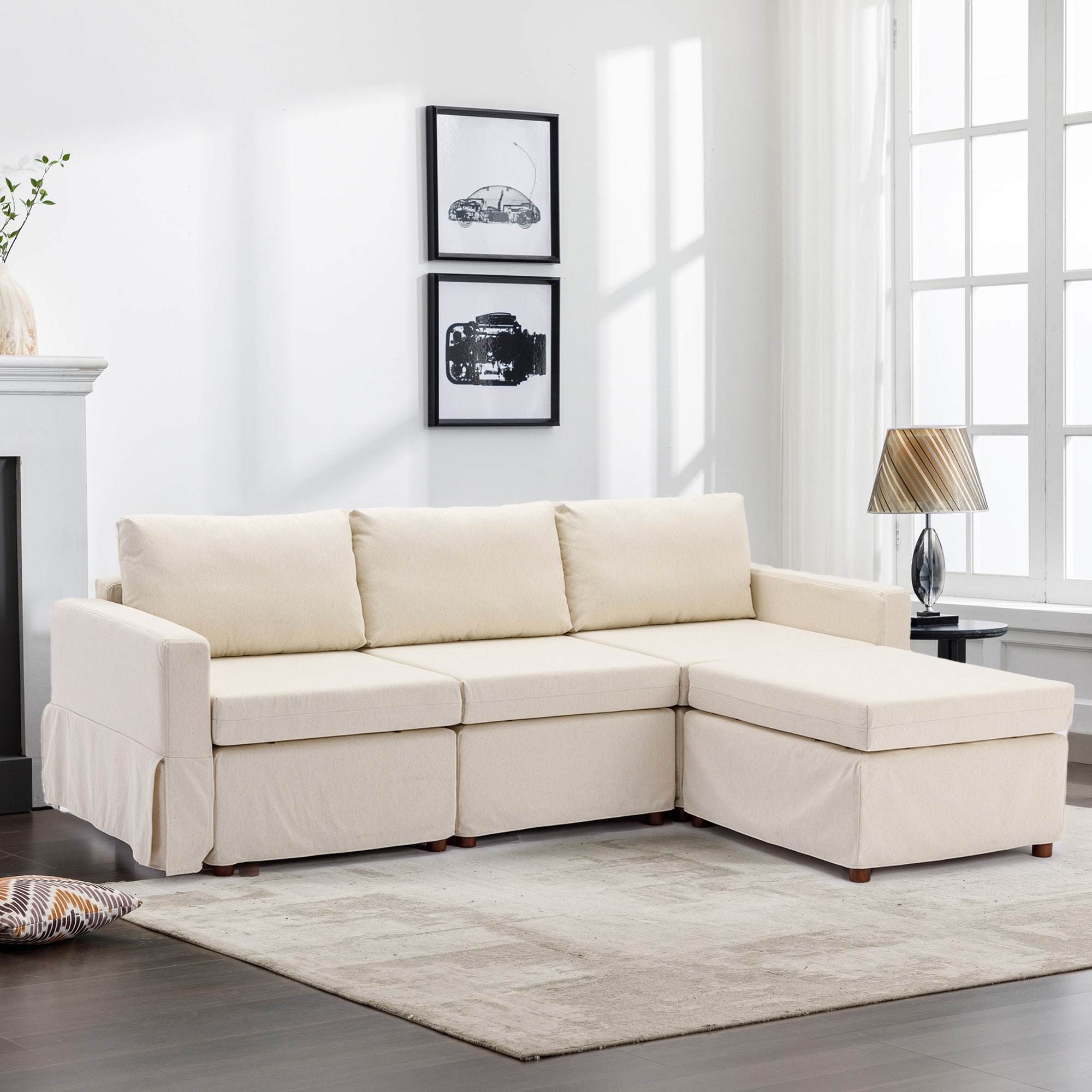 Modular Sectional Sofa Couch 3 Seater Linen Fabric Sofa Chaise