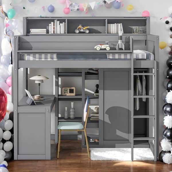 slide 2 of 26, Modern Wood Twin Size Loft bed with Multiple Storage Shelves and Wardrobe,Sturdy Construction Grey