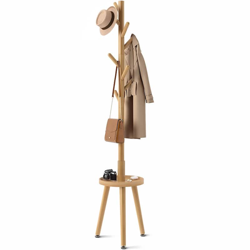 Coat Rack, Wooden Coat Rack Freestanding with Shelf, Coat Tree with 4 Height Options 50.5"-72.6"Hanger Stand - Silver