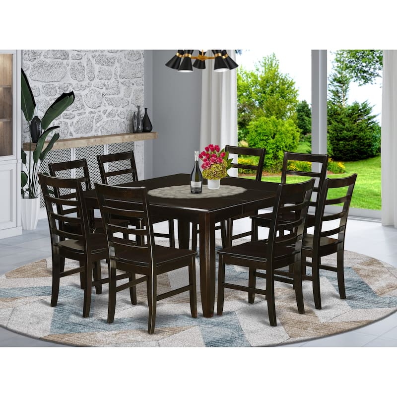 East West Furniture Dining Table Set Includes a Square Table with Butterfly Leaf and Dining Chairs (Chair Seat Type Options)