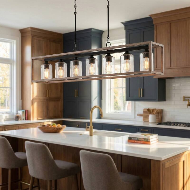Allegray 48in Farmhouse 7-light Linear Chandelier Rectangle Kitchen Island Pendant - 48'' W x 8'' D x 11'' H - Driftwood