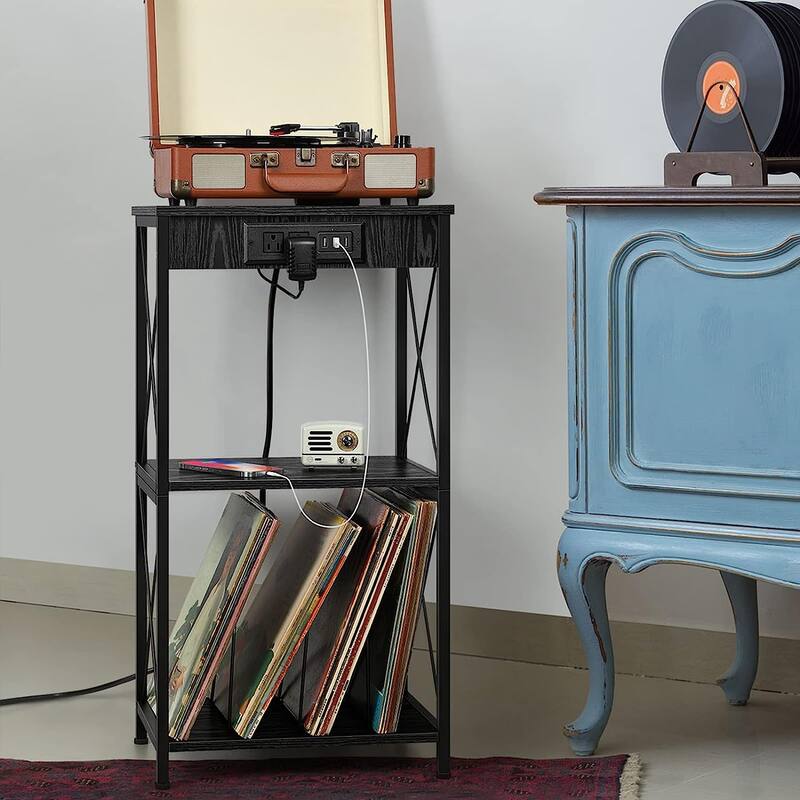 3-Tier Vinyl Record Storage Shelf Turntable Stand with Charging Station