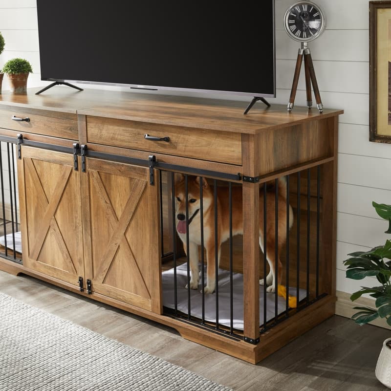Wood Barn Door Large Dog Crate Furniture With 2 Drawers and Divider