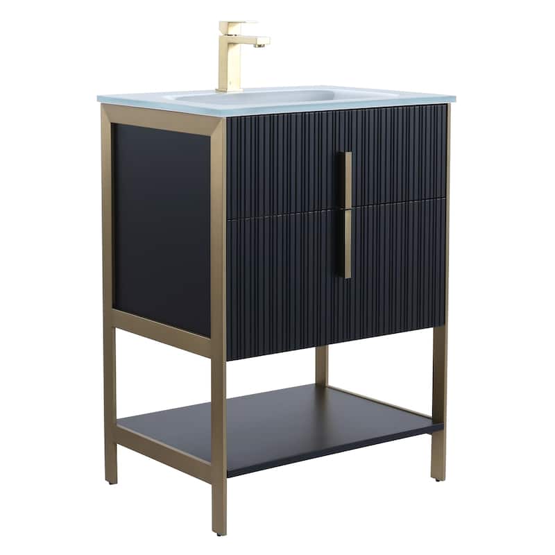 Fine Fixtures Serenity Modern Bathroom Vanity with White Glass Top - Black Matte - Brass Hardware - 24 inch
