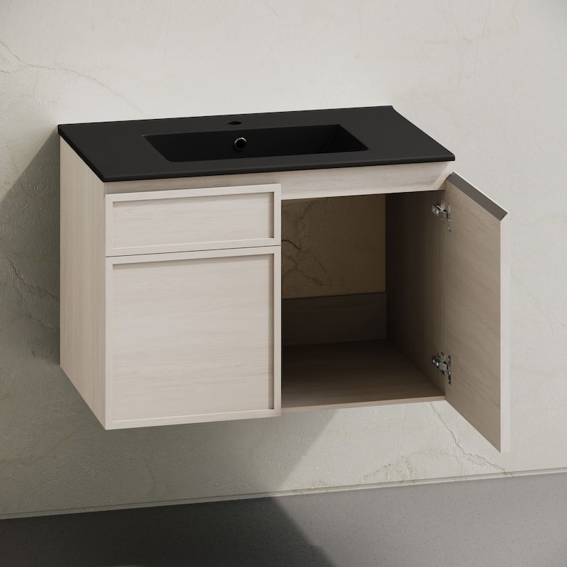 St. Tropez 30" Wall-Mounted Bathroom Vanity In White Oak With Black Sink Top - 30