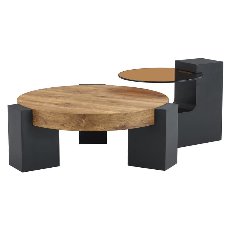 Modern Detachable Round Coffee Table - Double-Layer Brown Glass Top & Black L-Shaped Legs