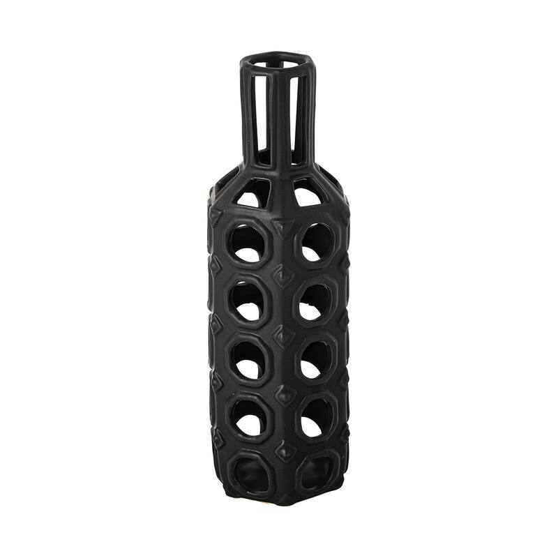 HomeRoots 9" Black Abstract Cylinder Metal Table Vase - 4" W x 12" H x 4" D