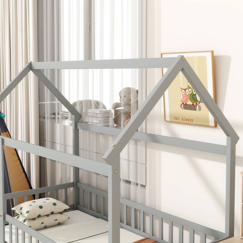 House Floor Wooden Bed with Roof Frame