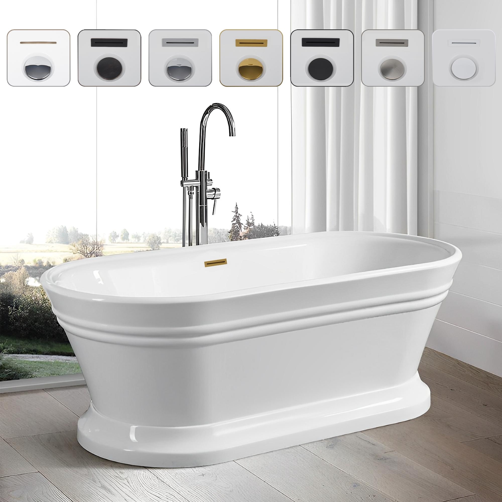 Vanity Art 59" Freestanding Acrylic Soaking Bathtub with Overflow & Pop-up Drain