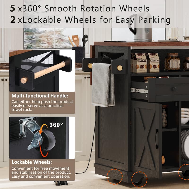 46.5''Farmhouse Kitchen Island with Drape of Beads, Power Outlet,Rolling Kitchen cart on Wheels with Drop Leaf,3 Doors,3 Drawers