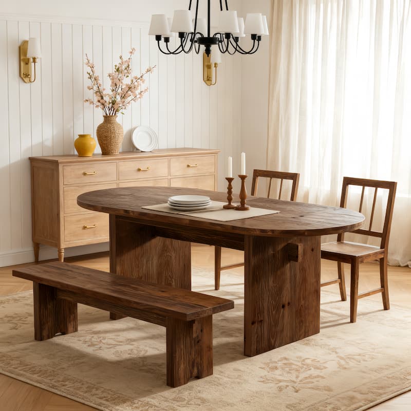 63-Inch Solid Wood Farmhouse Oval Dining Table for 4-6 - N/A