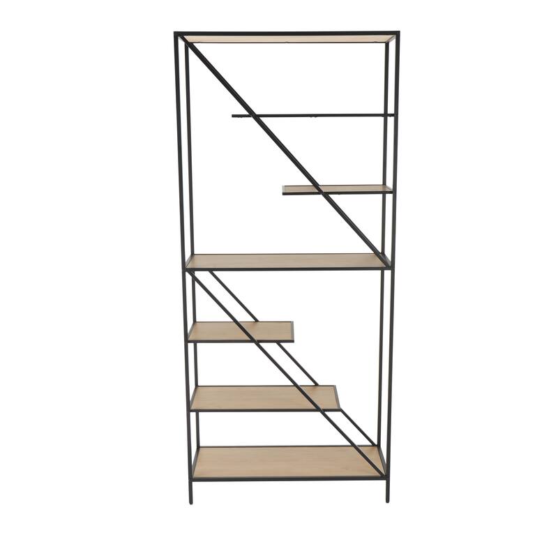 Wooden Geometric Diagonal Angled 6 Shelf Shelving Unit with Black Metal Frame - Brown - Roche River Decor