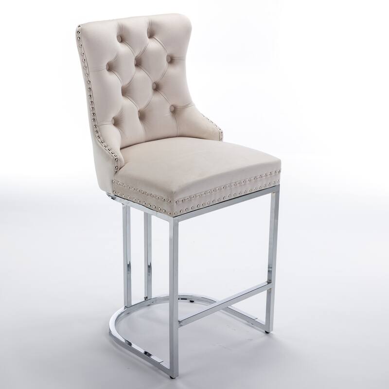 Set of 2 Modern Velvet Counter Bar Stools, 26" with Button Back & Rivet Trim, Chromed Metal Base Farmhouse Barstools - Beige