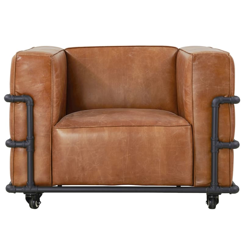 Henry Industrial Modern Leather Arm Chair (2 Colors Available) - Light Brown