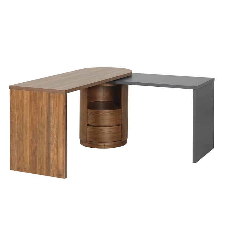 59"L Shaped Desk in Walnut with 2 Drawers,Open storage,360°Wood Rotating Desk,Executive Office Desk,Office Study Workstation