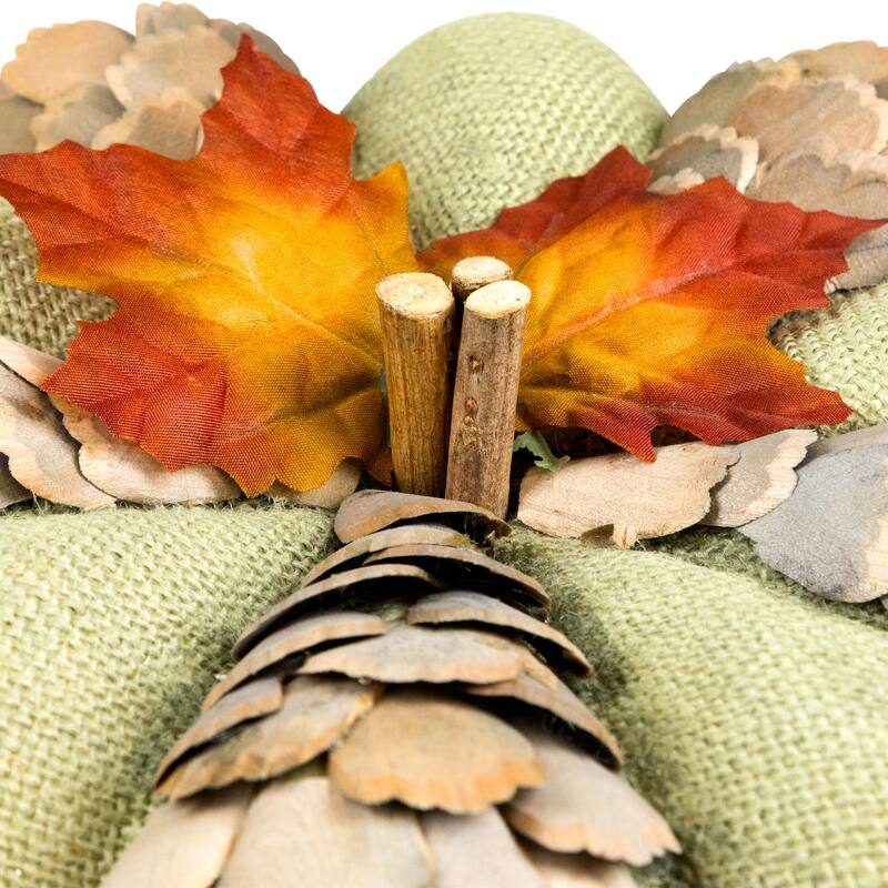 Layered Wood Petals and Burlap Fall Harvest Pumpkin - 10" - Green and Beige