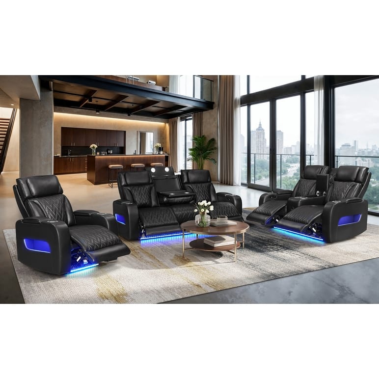 Jazz Leather Aire Power Reclining Living Room Set w/Pwr Headrest, BT Speakers, LED, Wireless Chrg Drop Tbl, USB, Strg & Cuphldrs