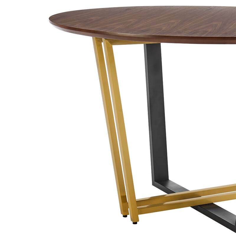 Leyne 48 Inch Round Dining Table, Gold Steel and Black Iron, Walnut Veneer - Walnut Brown, Black, Gold