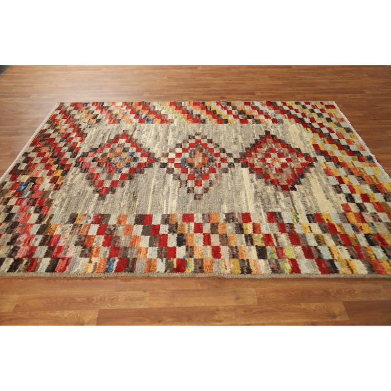 Checkered Moroccan Oriental Area Rug Hand-Knotted Wool Carpet - 5'11" x 7'8"
